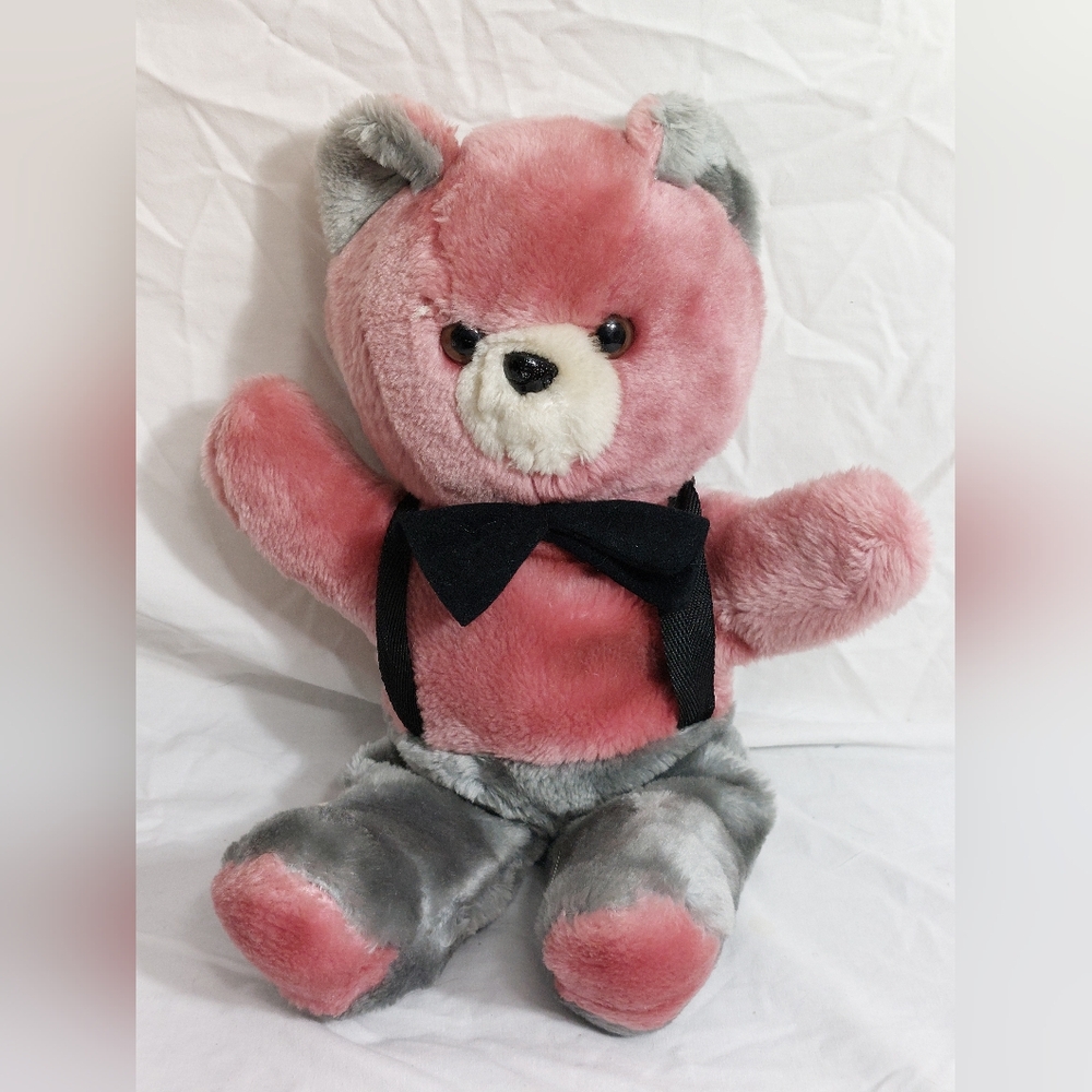 Vintage '82 Teddy Bear Plush Stuffed Animal Red Gray Suspenders America Wego 16"